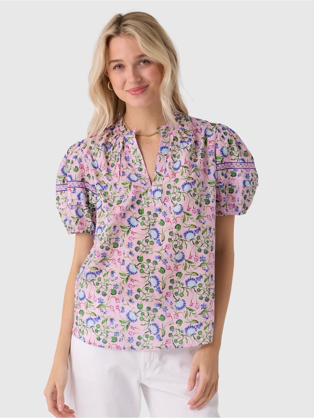Banjanan Bronte Top – Pink Floral Ruffle Puff Sleeve Blouse (Size XS)